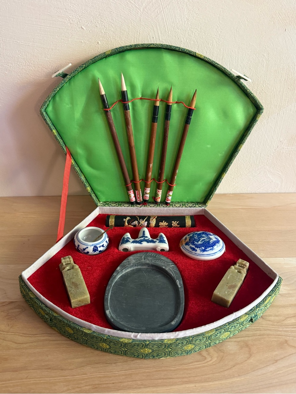 Vintage Chinese Calligraphy Set Fan Shaped Brocade Box Brushes Inkstone Seals